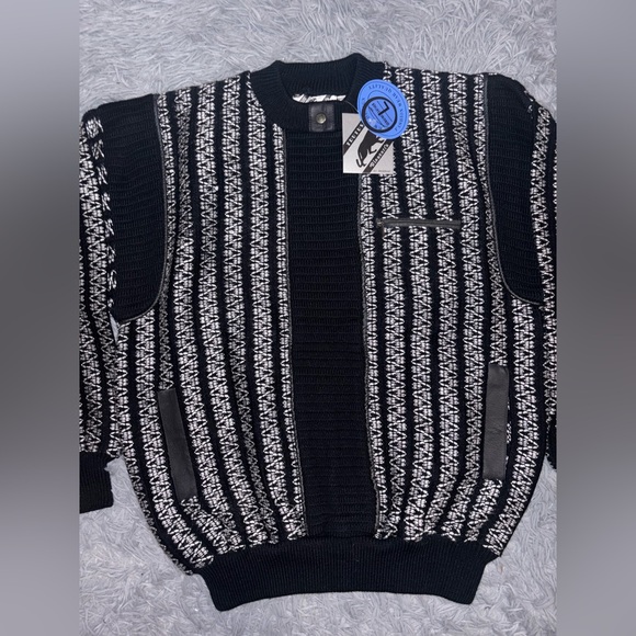 VTG Trutus Biancarra Sweater Men’s Large Leather Patchwork Knit Coogi Retro NEW - Picture 2 of 9